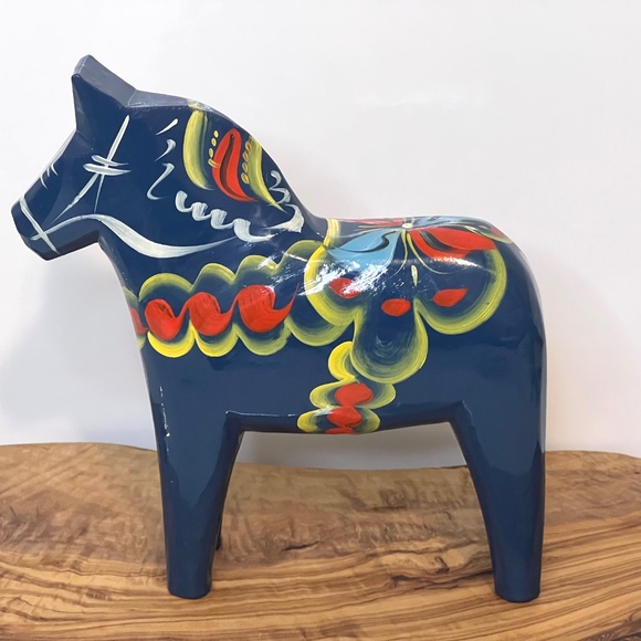 Nils Olsson Blue Dala Wood Swedish Horse 7” Inch Carved Hand Painted Vintage - Picture 2 of 16